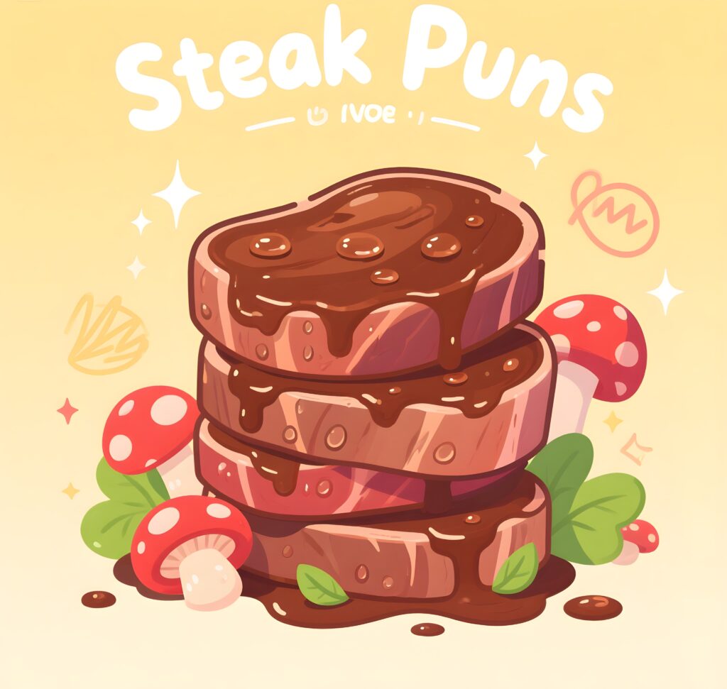 A playful illustration featuring various steak puns by Moe, showcasing humor related to steak and cooking.