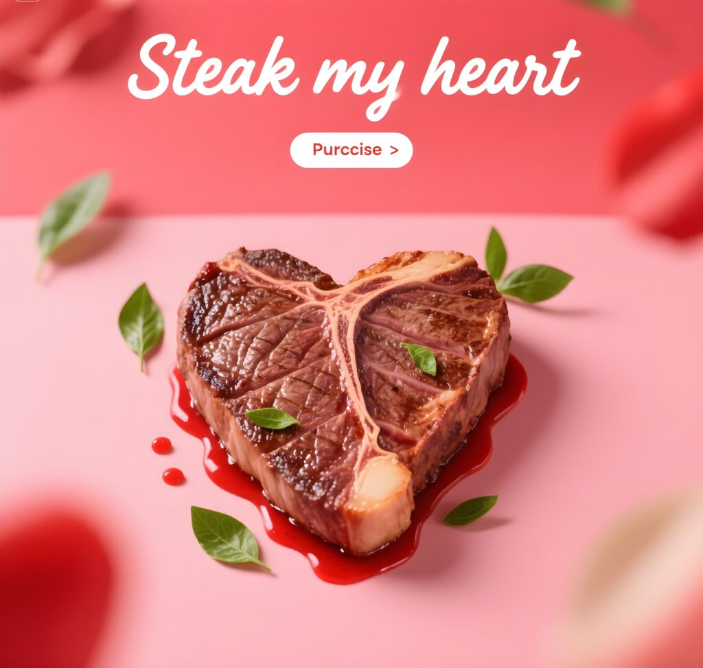 Heart-shaped steak on a pink background, showcasing a playful pun about love and food.