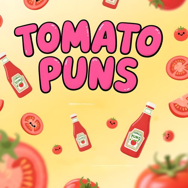 Cute illustration of a kawaii cat sharing funny tomato puns, featuring playful text and vibrant colors.