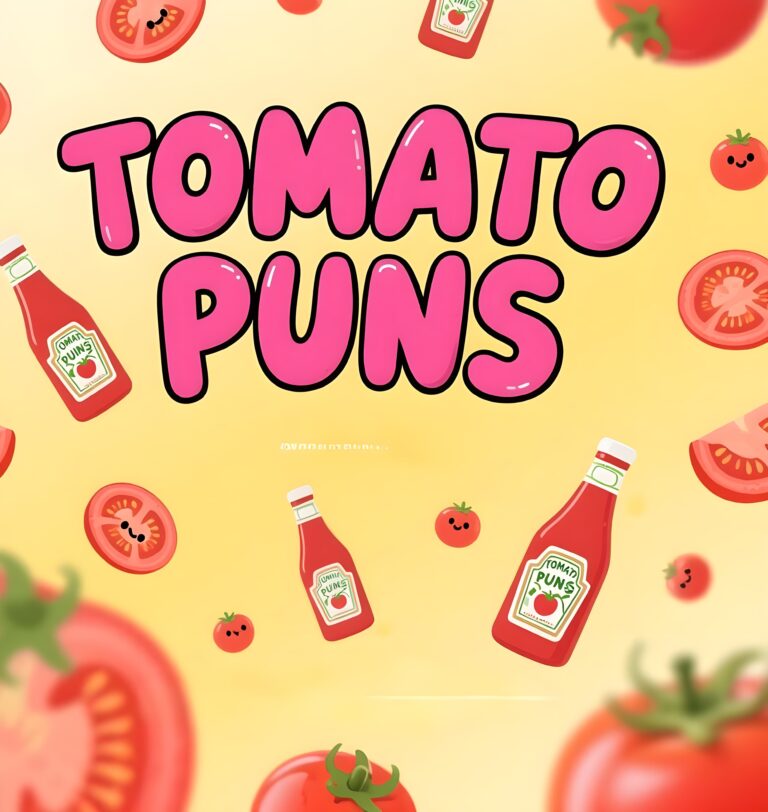 Cute illustration of a kawaii cat sharing funny tomato puns, featuring playful text and vibrant colors.
