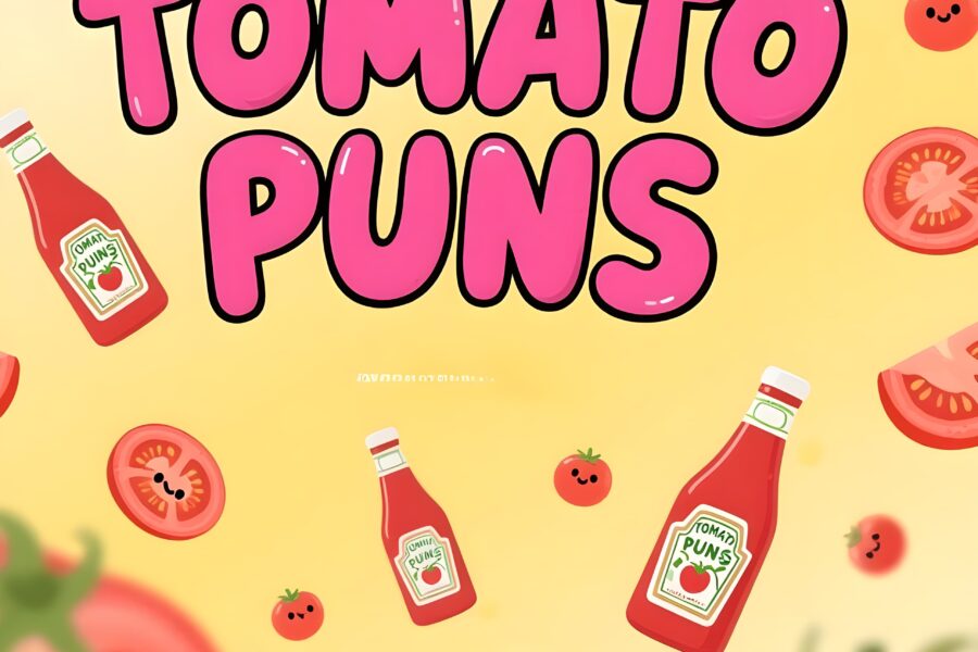 Cute illustration of a kawaii cat sharing funny tomato puns, featuring playful text and vibrant colors.