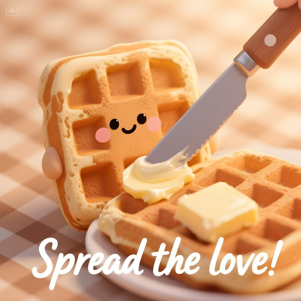 Whimsical wallpaper design showcasing waffle puns and the phrase "Spread the Love" in vibrant colors.
