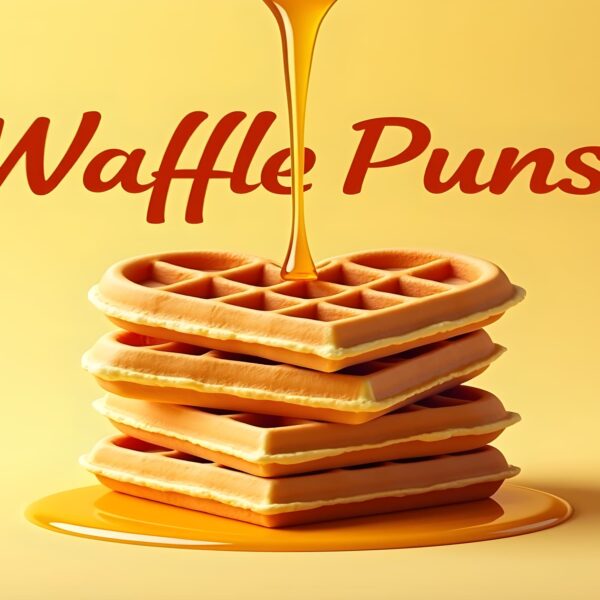 A playful graphic featuring various food puns centered around waffles, showcasing humor and creativity in food art.