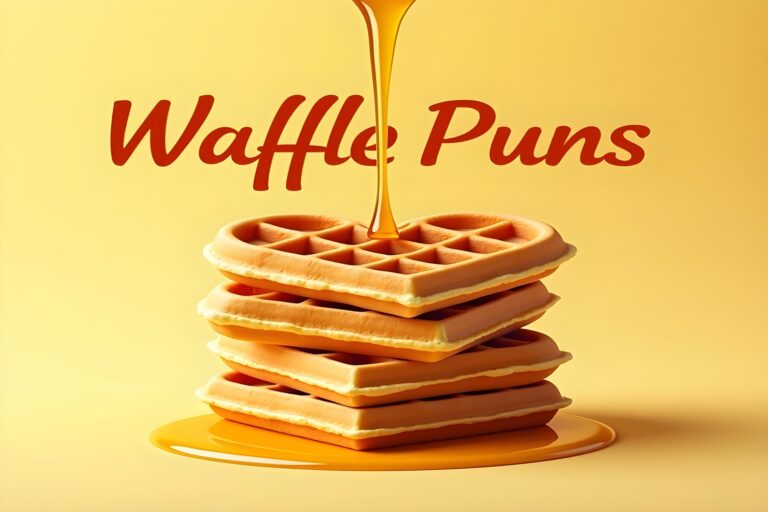A playful graphic featuring various food puns centered around waffles, showcasing humor and creativity in food art.