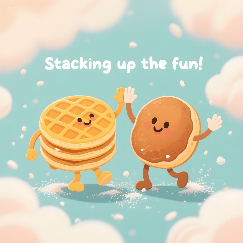 Two smiling waffles grasping hands, with the phrase "Stacking up the fun" in a speech bubble, highlighting waffle puns.