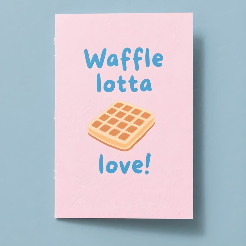 Cheerful greeting card showcasing a waffle graphic and the words "Waffle Lotta Love," highlighting fun waffle puns.