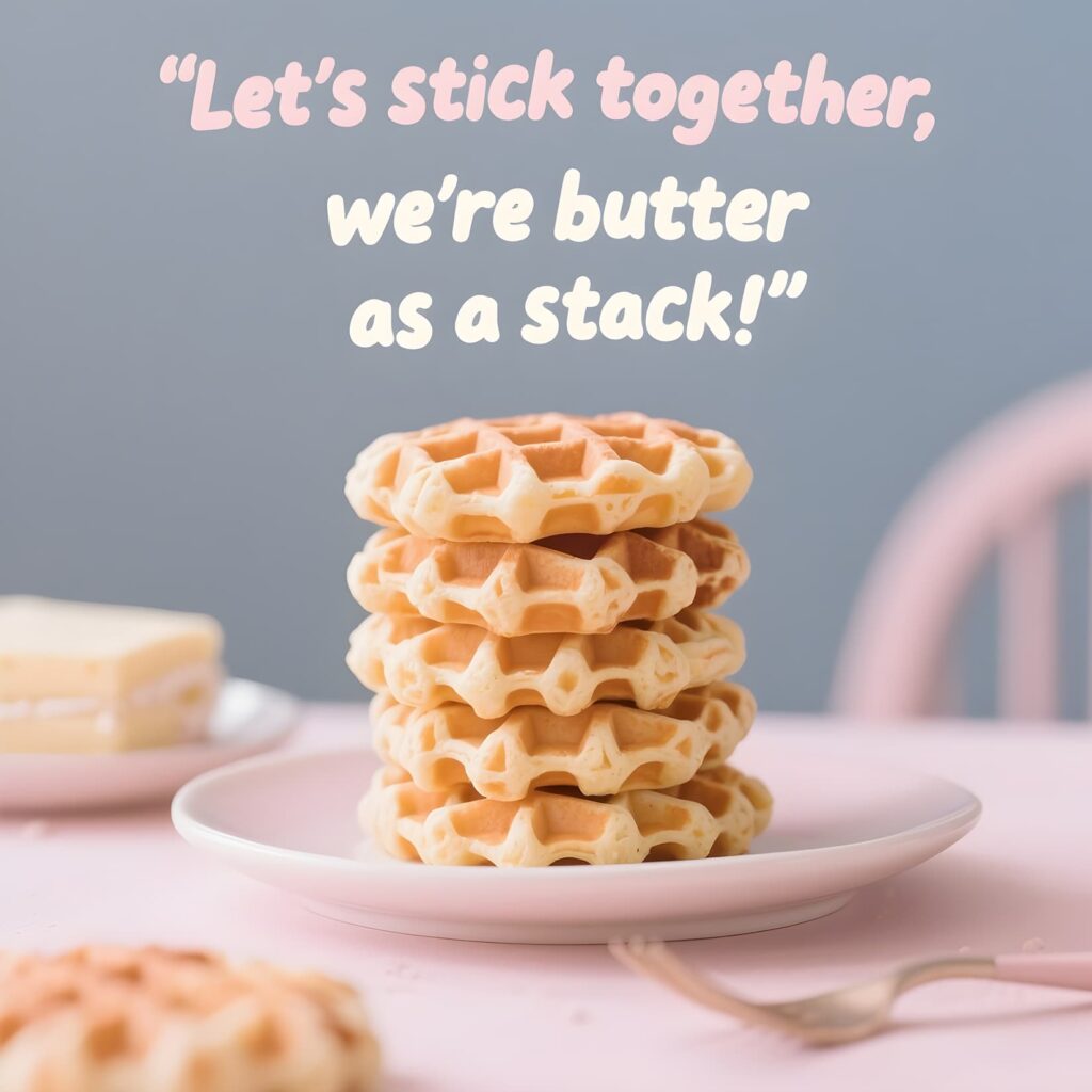 A playful illustration of waffles stacked with butter, captioned "Let's stick together, we're butter as a stack.