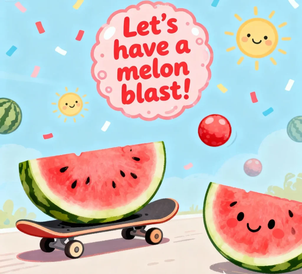 Playful watermelon smiling on a skateboard bringing a cool summer vibe with funny watermelon puns