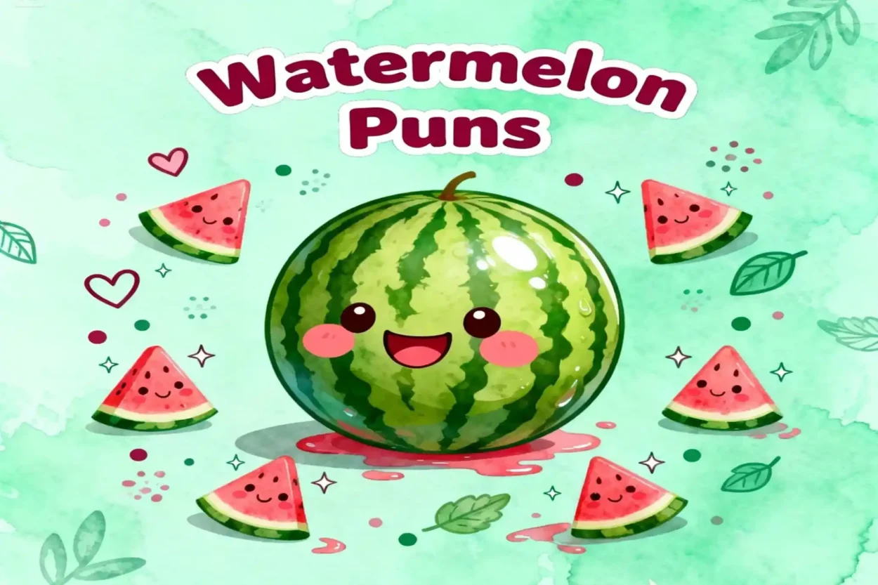 Cute watermelon with hearts and leaves sharing cheerful watermelon puns for a fun vibe.