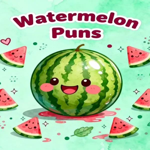 Cute watermelon with hearts and leaves sharing cheerful watermelon puns for a fun vibe.