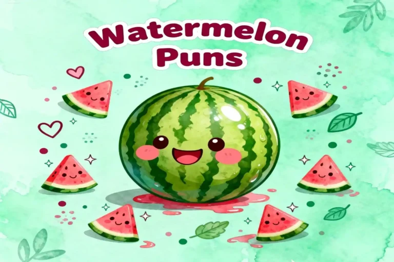 Cute watermelon with hearts and leaves sharing cheerful watermelon puns for a fun vibe.