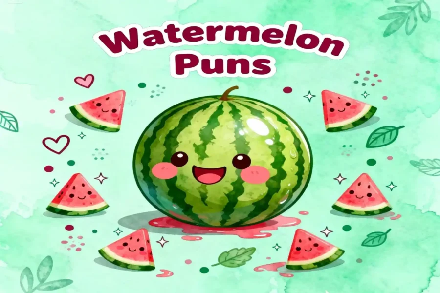 Cute watermelon with hearts and leaves sharing cheerful watermelon puns for a fun vibe.