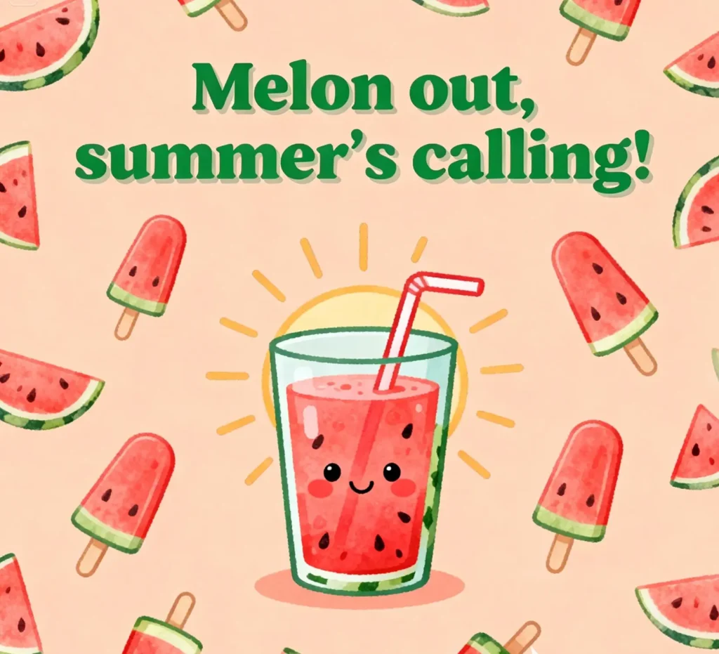 A vibrant watermelon slice smiling with a fun summer pun, showing juicy happiness.