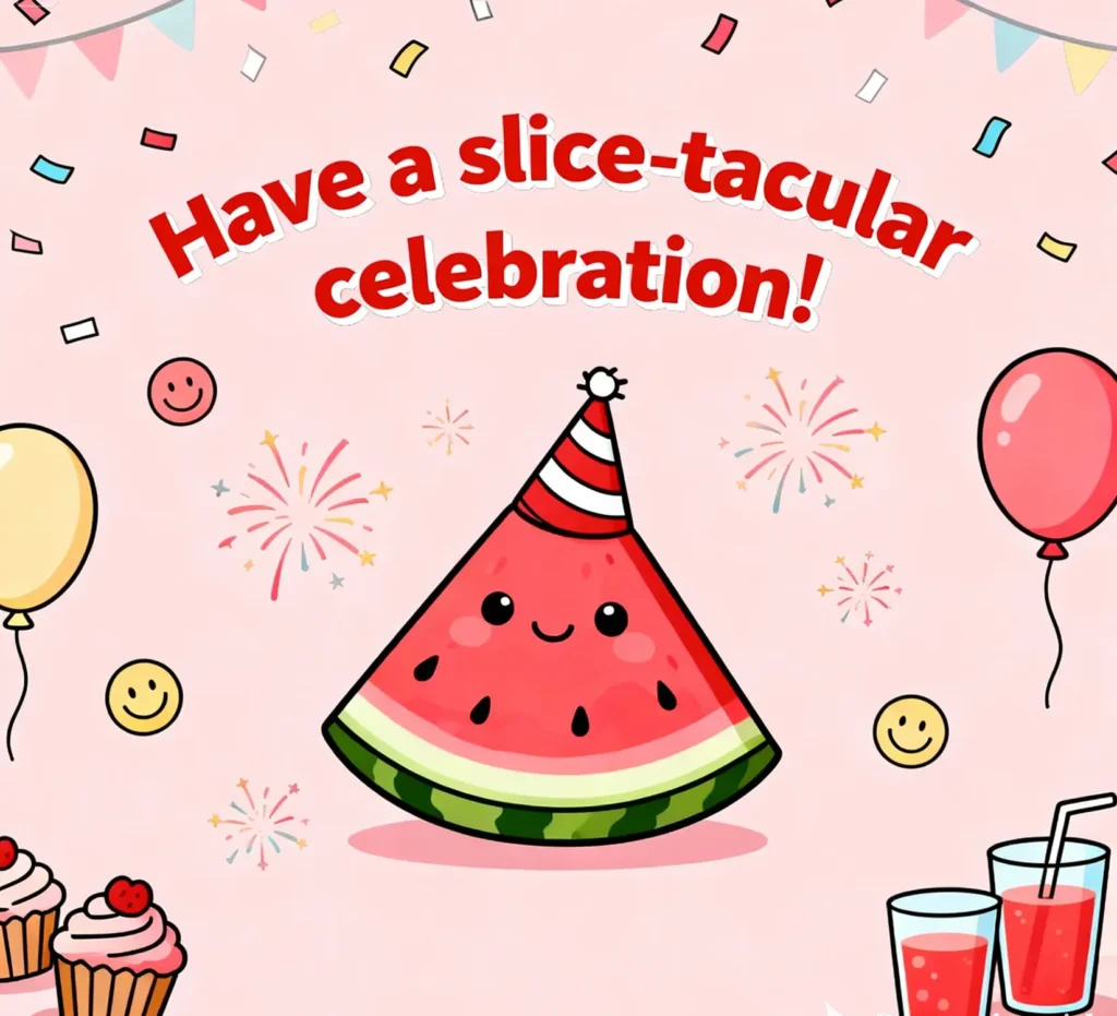 Cheerful watermelon in a birthday hat with balloons having fun with cute watermelon puns