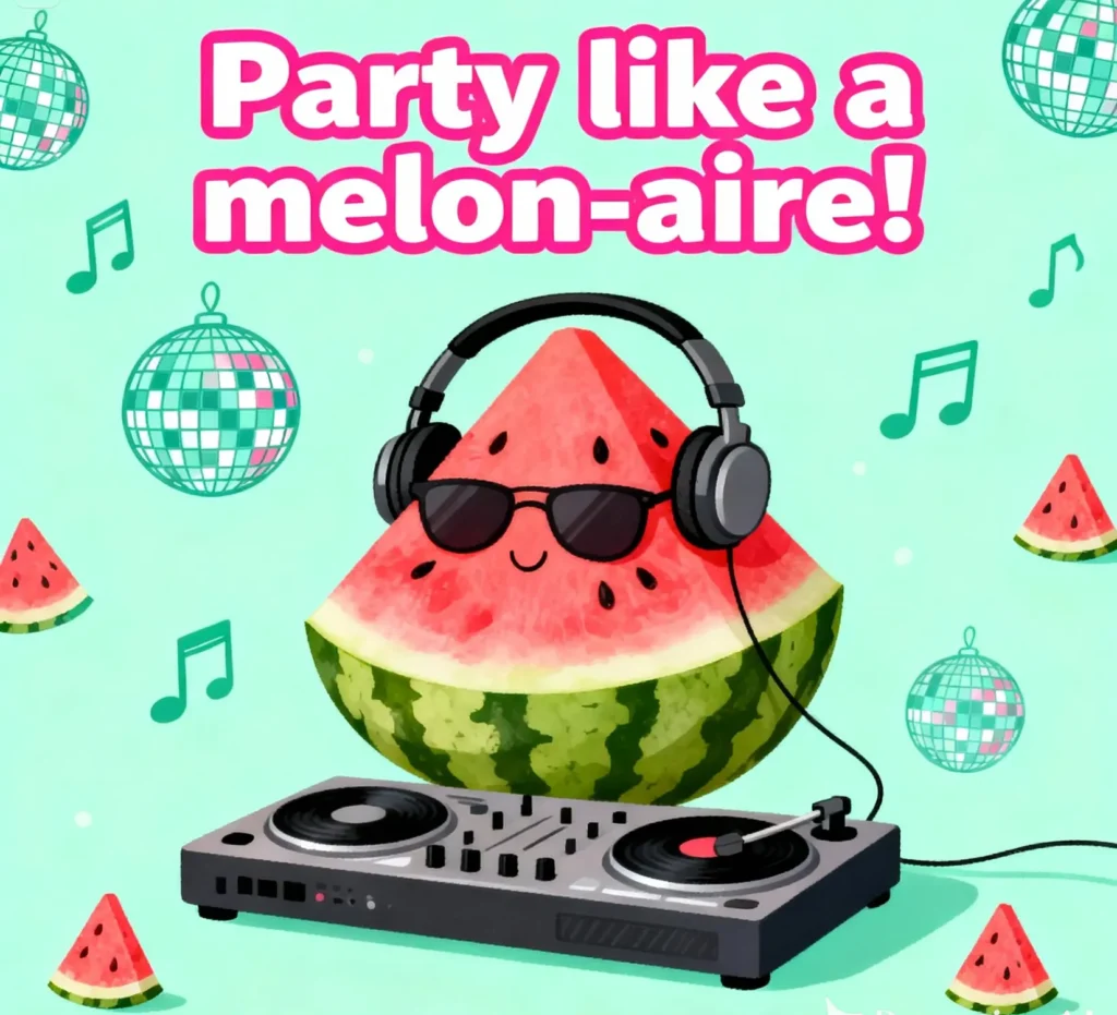 Screenshot with fun watermelon pun Party like a melon air bright colors graphics