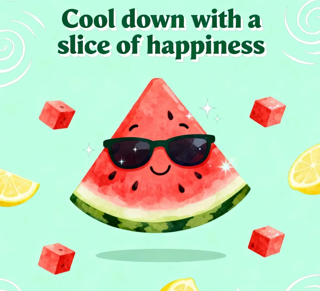 A smiling watermelon in sunglasses saying "cool down" with happiness, showing summer joy