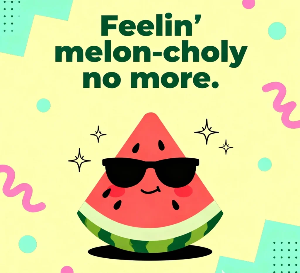 Cheerful watermelon smiling bright with melon choly fun and happy watermelon puns.