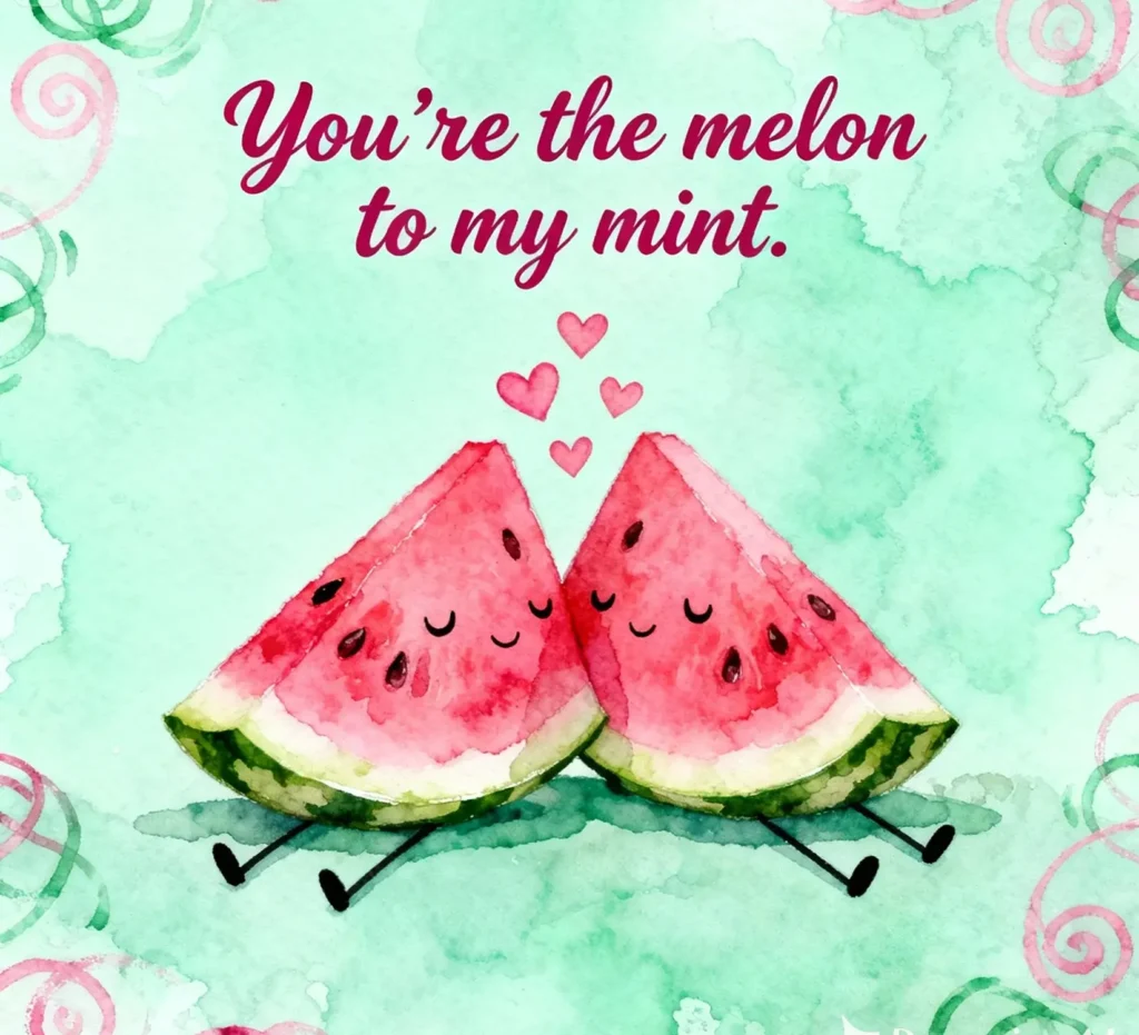 Watercolor Love card with bright colors and sweet watermelon puns showing fun love messages.