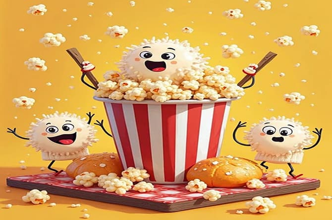 A picnic table with popcorn and three cartoon characters enjoying a playful moment together, themed around popcorn puns.