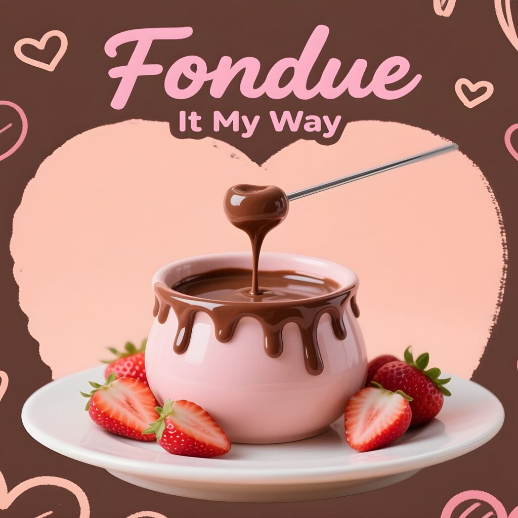 A whimsical chocolate fondue display featuring clever puns, inviting a sweet and humorous treat.