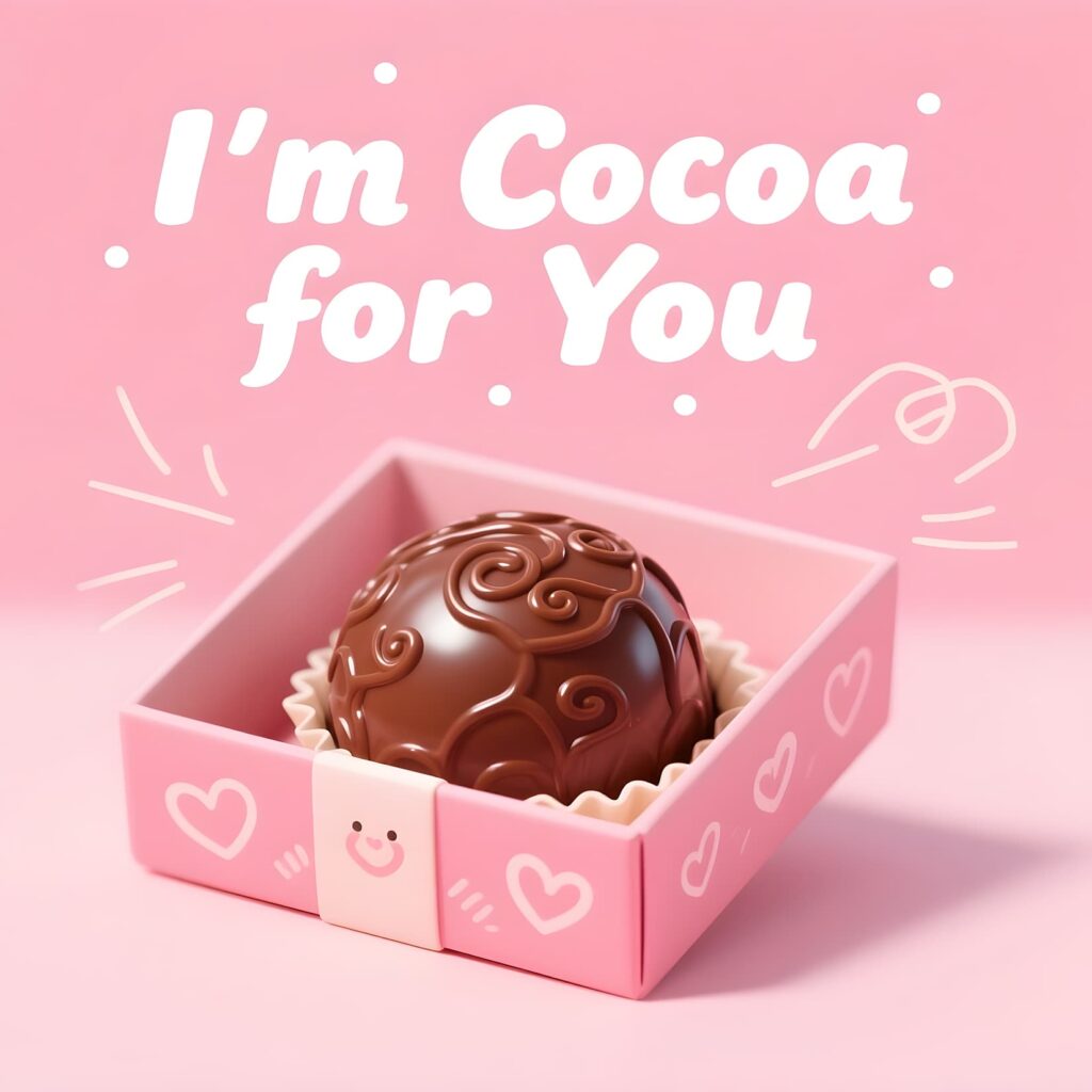 Fun illustration featuring the phrase "I'm cocoa for you," celebrating chocolate puns with a whimsical design.