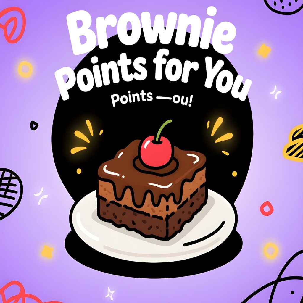 A playful graphic featuring the phrase "Brownie points for you" with a fun chocolate pun theme.