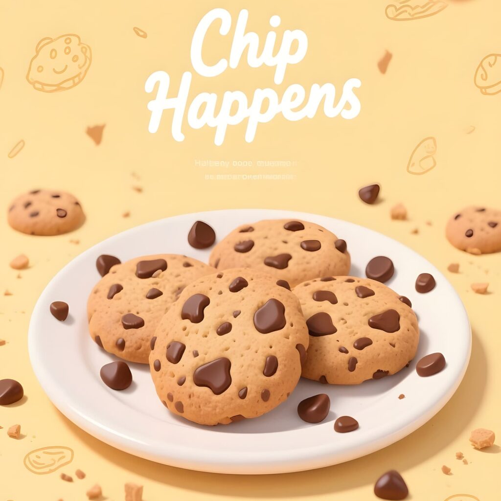 A plate of chocolate chip cookies with the playful text "Chip Happens" above them, celebrating chocolate puns.