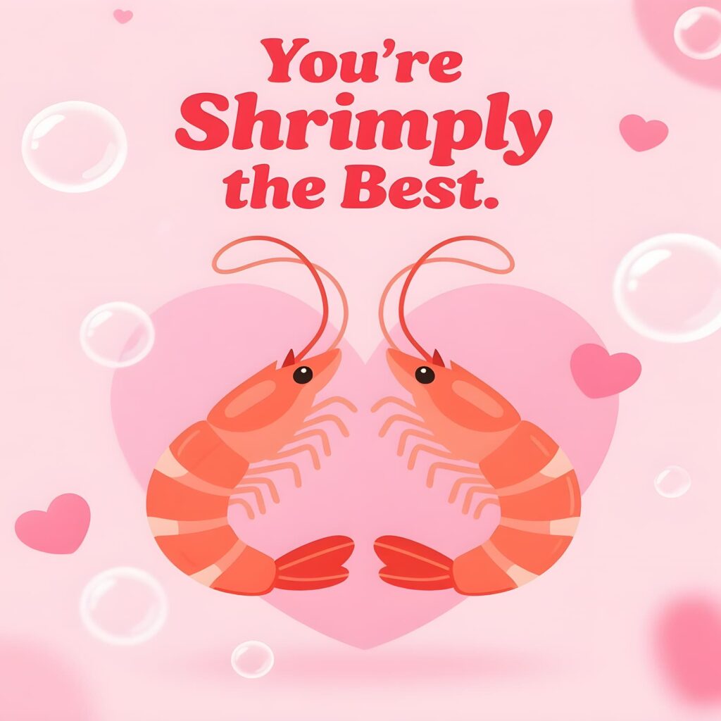 A playful Valentine’s card featuring shrimp puns, with colorful illustrations of shrimp and heart motifs.