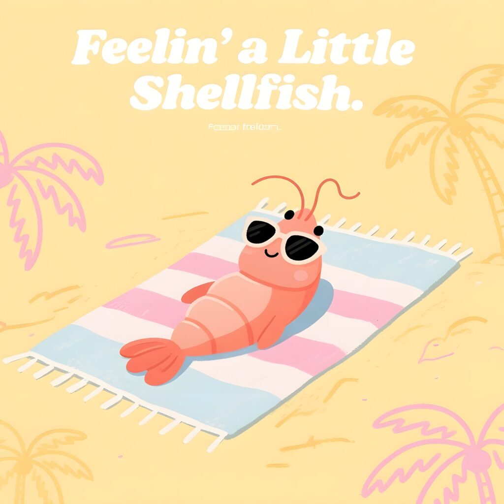Colorful 3D shrimp graphic with the words "Have a Shrimply Day," emphasizing lighthearted shrimp-themed humor.