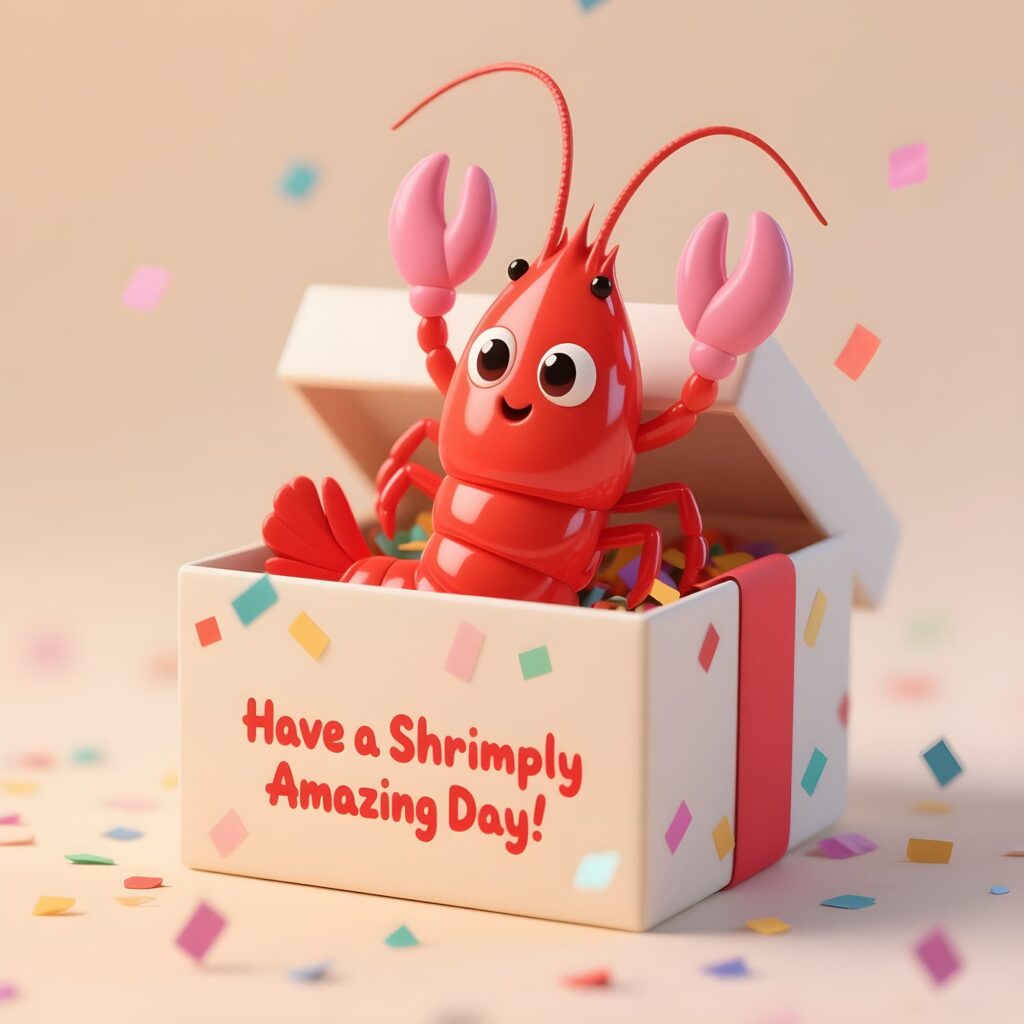 A whimsical 3D shrimp illustration with the phrase "Have a Shrimply Day," showcasing a fun take on shrimp puns.