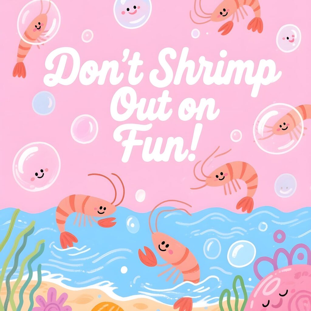 A vibrant poster displaying shrimp illustrations accompanied by clever puns, emphasizing a whimsical seafood concept.