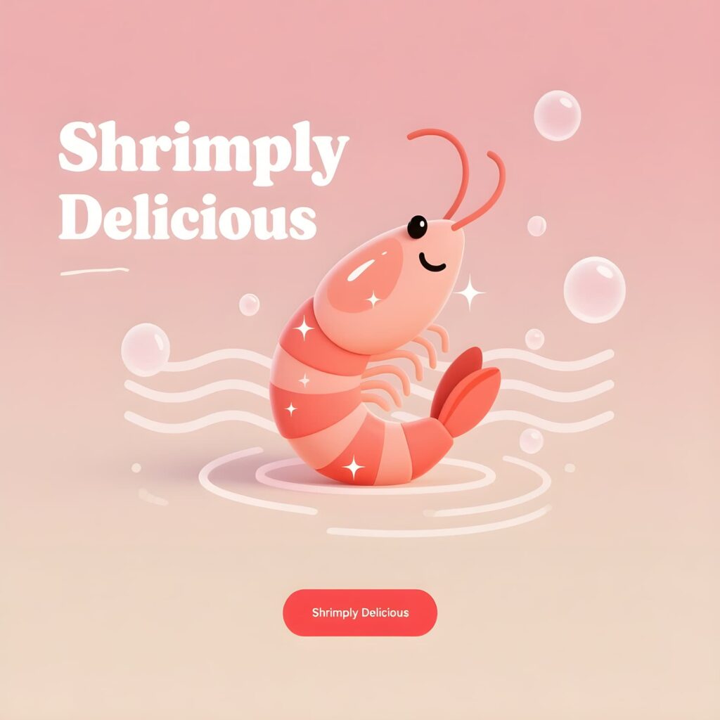 Colorful shrimp illustration featuring a whimsical design, highlighting its tasty appeal with a punny twist.