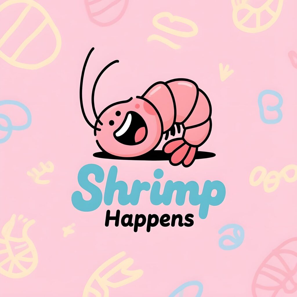 Creative logo displaying "Shrimp Happens" text alongside whimsical shrimp graphics, highlighting shrimp-related humor.