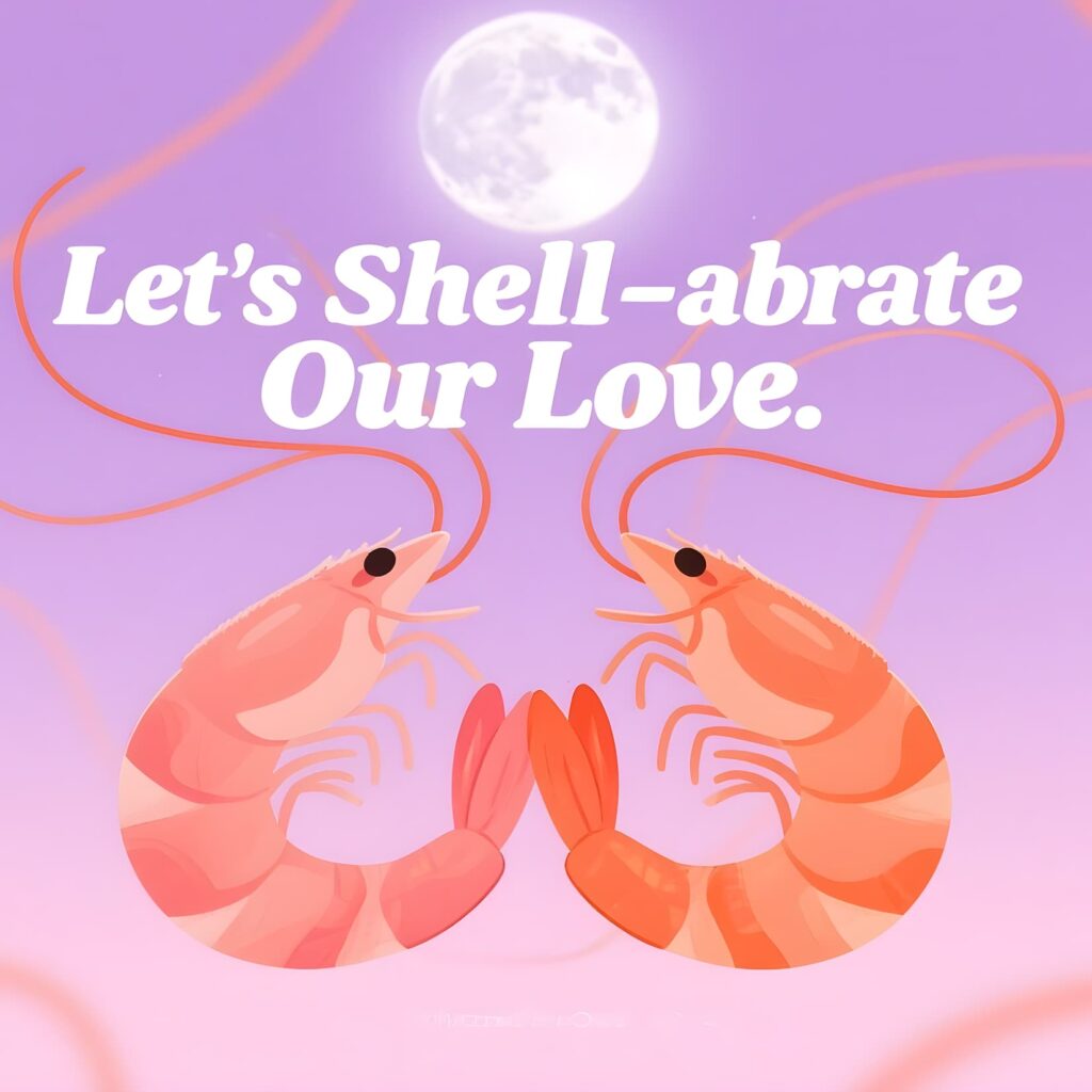 A playful graphic featuring shrimp and the text "let's shell-abrate our love," celebrating love with shrimp puns.