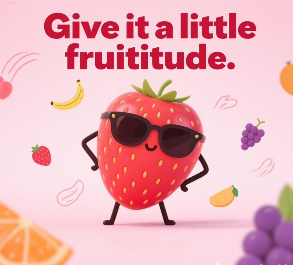 Strawberry puns graphic with text: Give it a little fruititude in fun, colorful fonts.