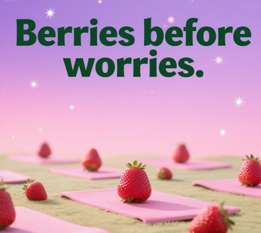 Strawberry puns graphic with text: Berries before worries in a fun, colorful font.