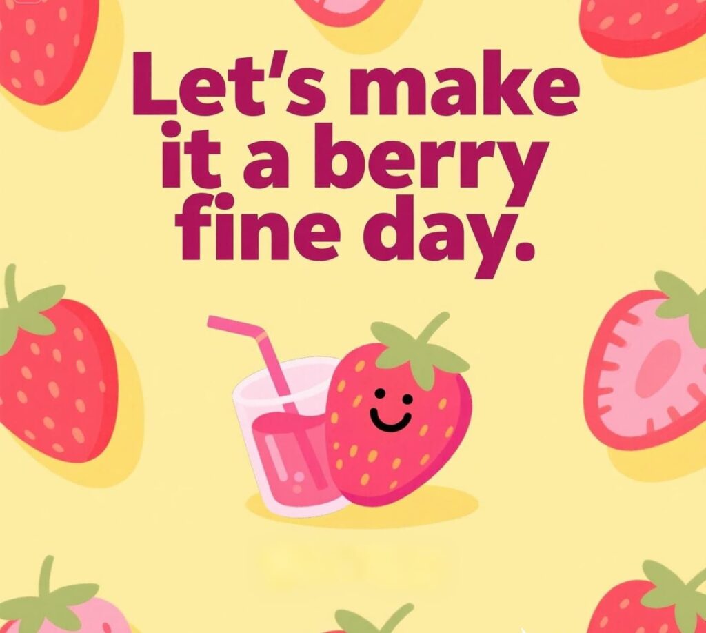 Strawberry puns graphic with text: Let's make it a berry fine day in playful font.