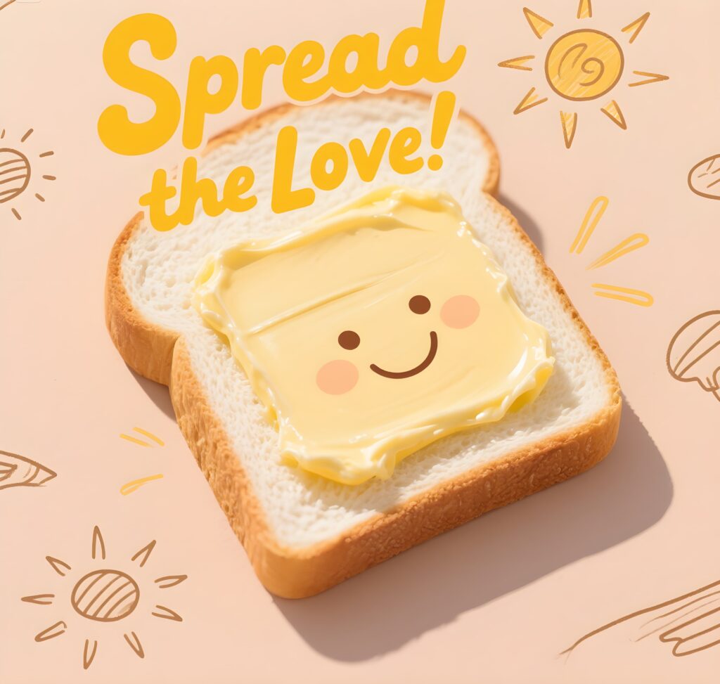 A playful image featuring the phrase "Spread the love" with a fun bread pun theme.