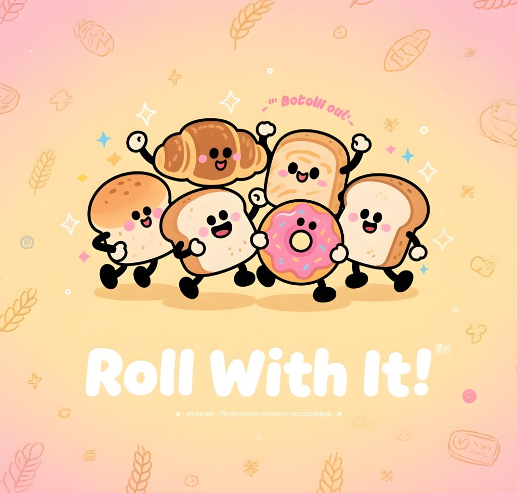 Colorful wallpaper featuring playful bread puns and a fun "roll with it" theme.