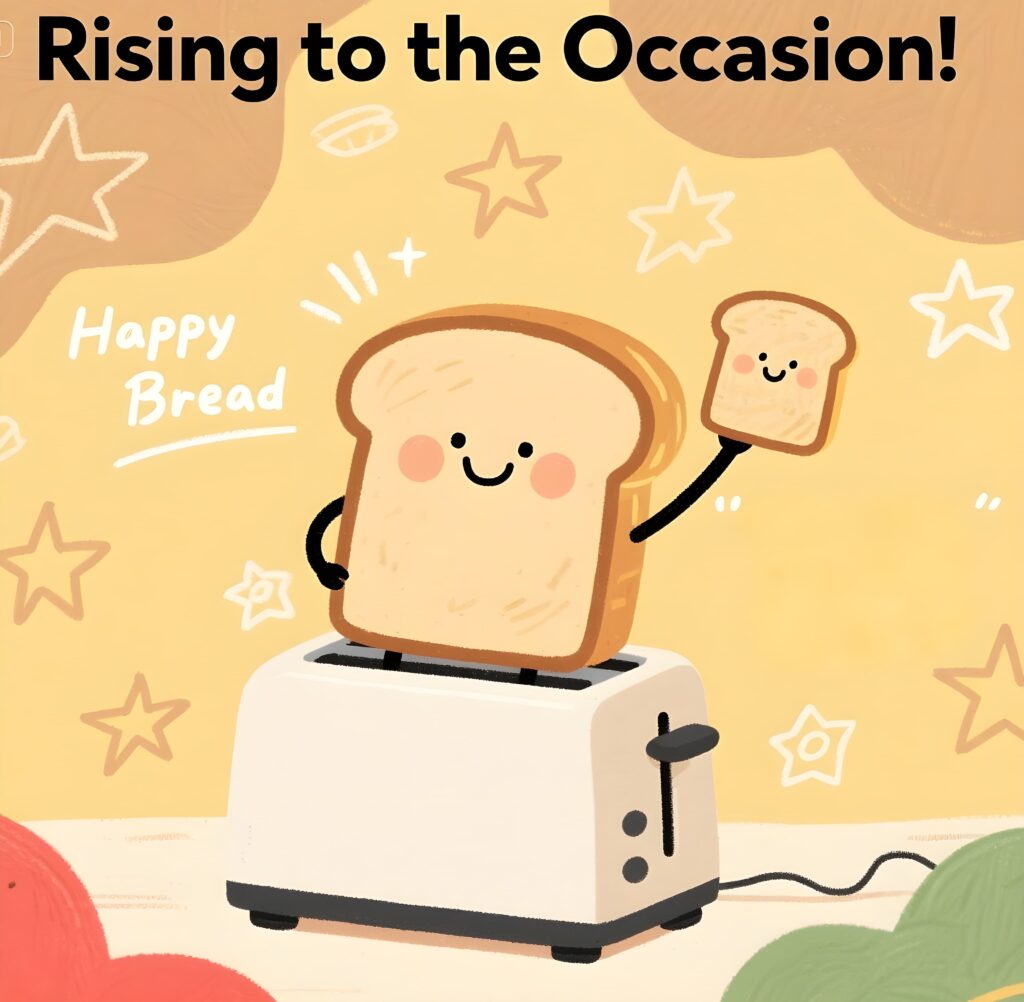 A happy loaf of bread puffing up in the oven, showcasing the pun "rising to the occasion" with a fun twist.