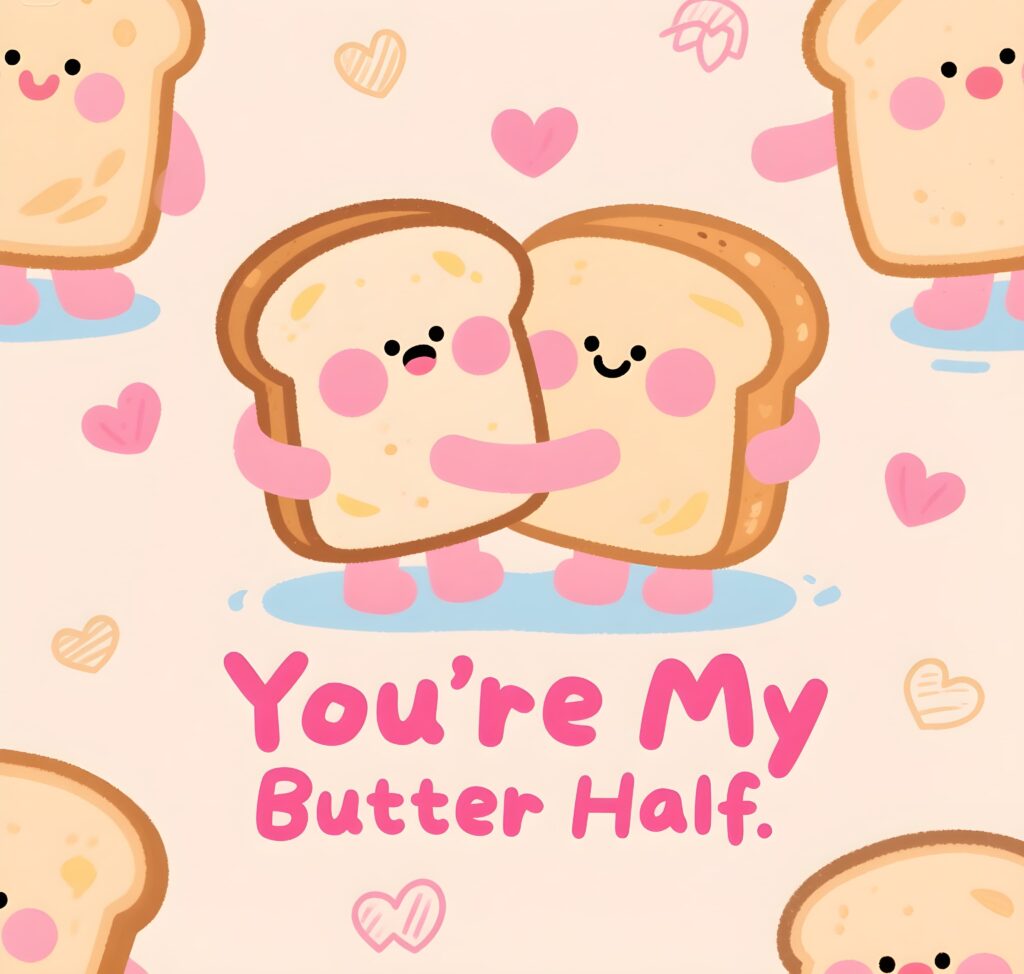 A cute illustration of a butter stick and a slice of bread with the text "You're my butter half" in playful font.