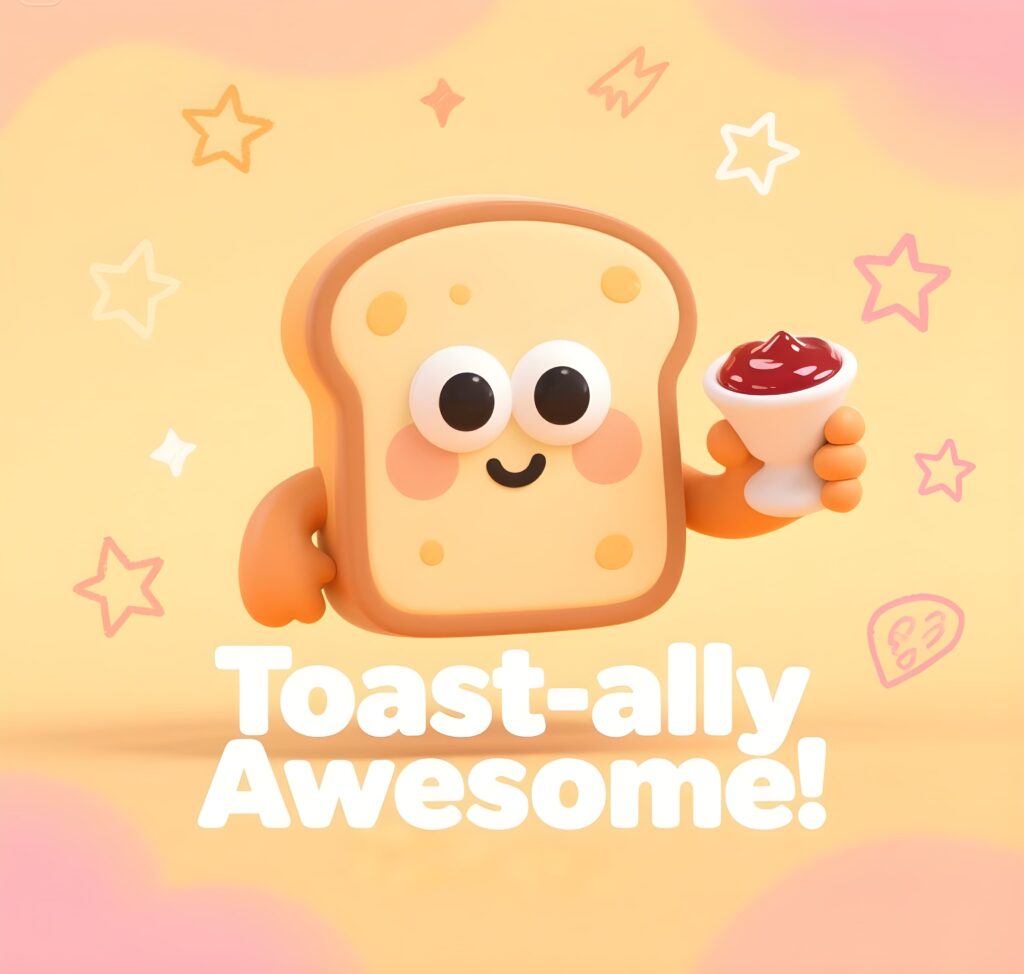 A quirky toaster displaying the words "toastally awesome," showcasing a fun take on bread puns and breakfast vibes.