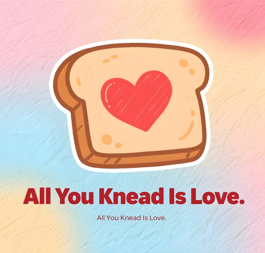 A playful bread pun graphic that says "All you knead is love" with a heart-shaped loaf of bread.