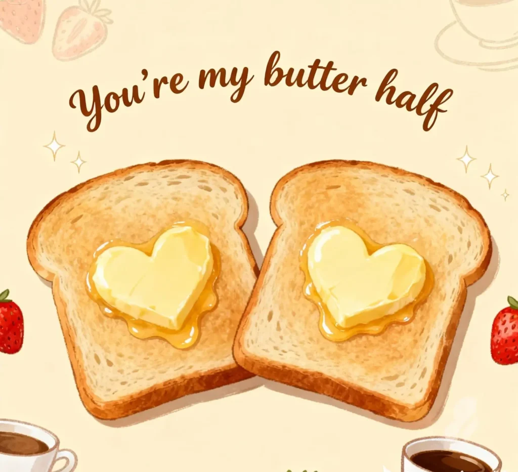 Cute butter stick illustration with “You’re my butter half” and funny butter puns
