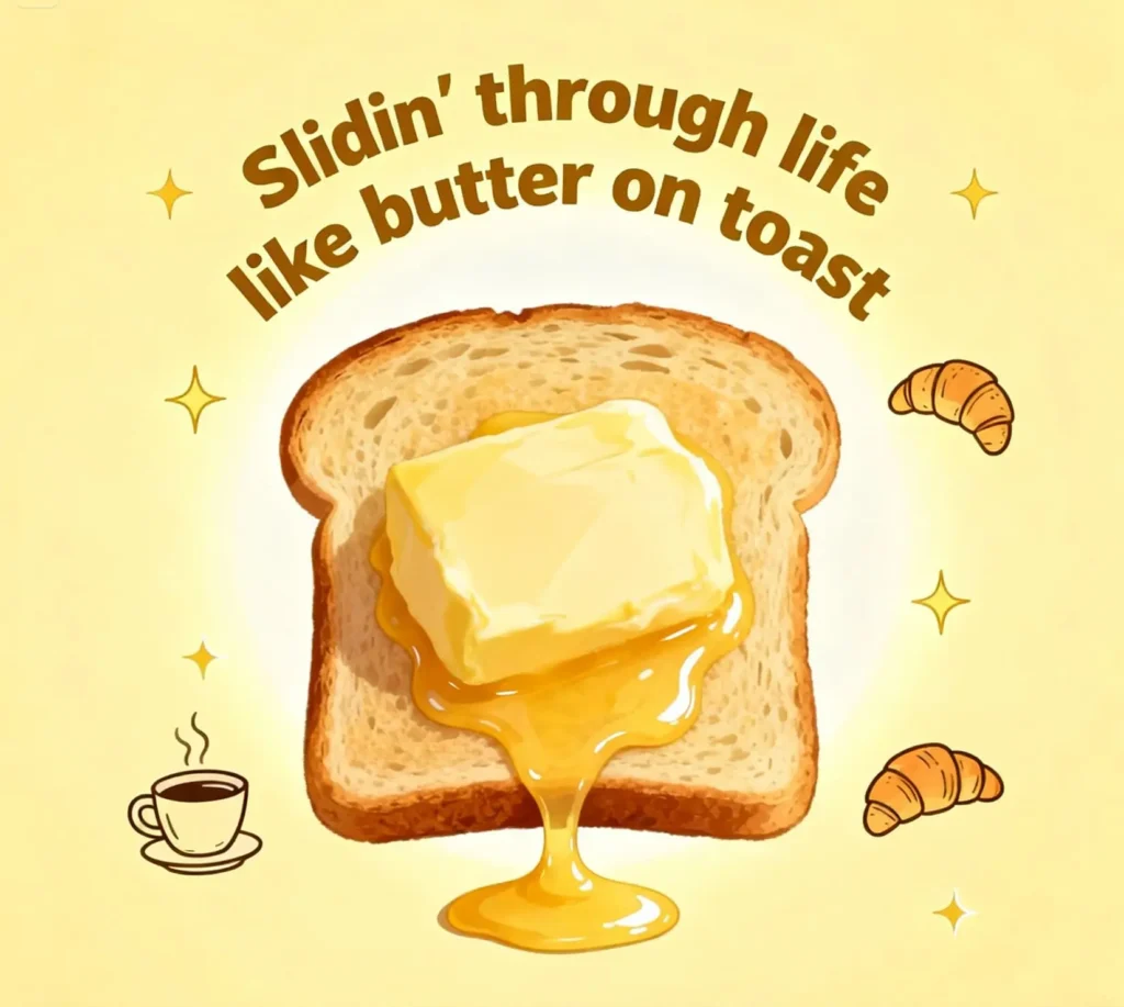 Butter sliding on toast, showing “Slidin’ through life like butter on toast”.
