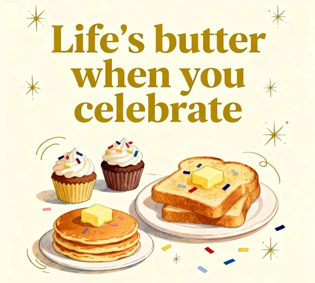 Vibrant celebration with butter puns, joyful moments, and buttery snacks with friends.