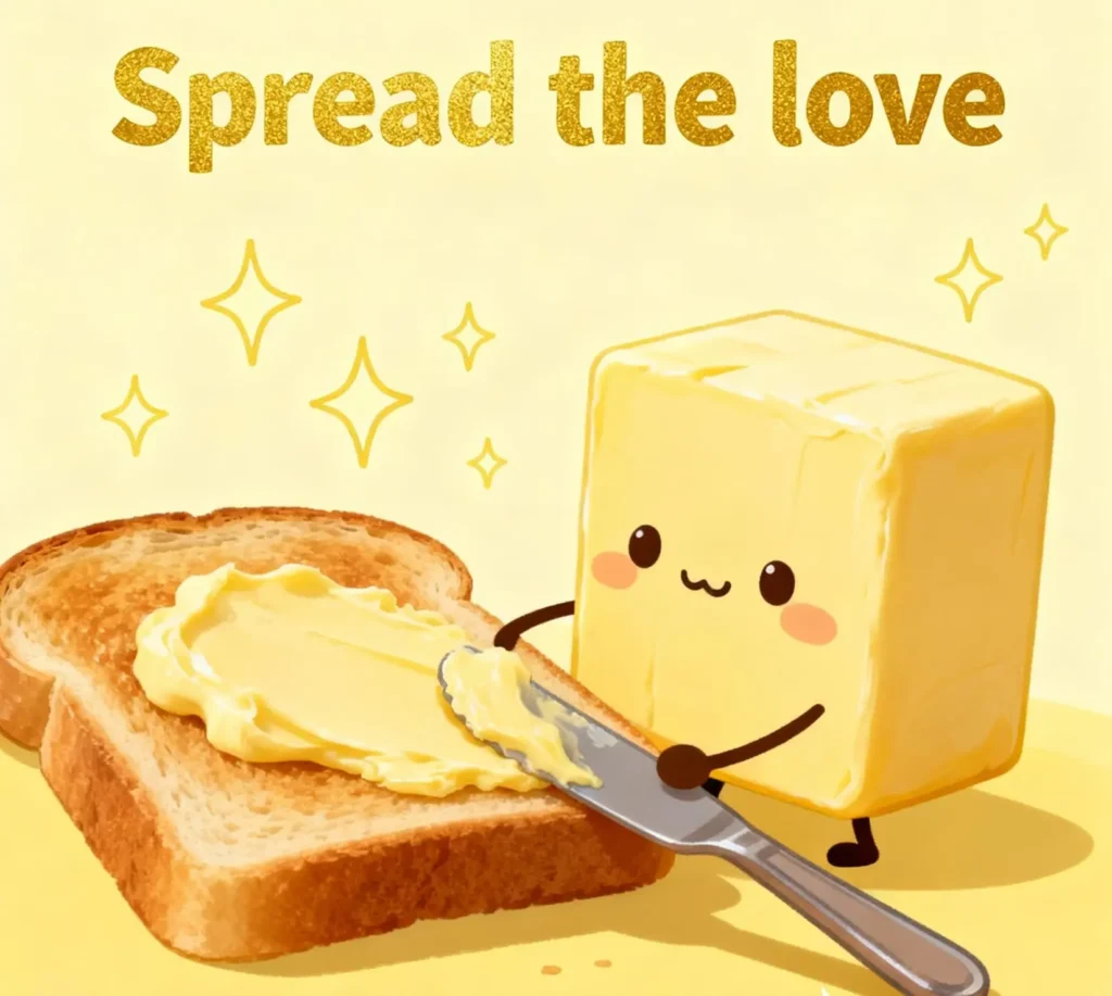 Screenshot showing “Spread the love” with funny butter puns in bright colors