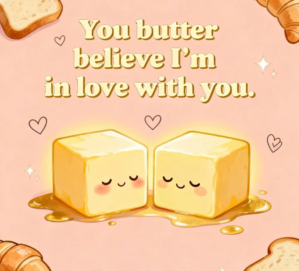 Cute image with “You butter believe I’m in love,” full of butter puns.