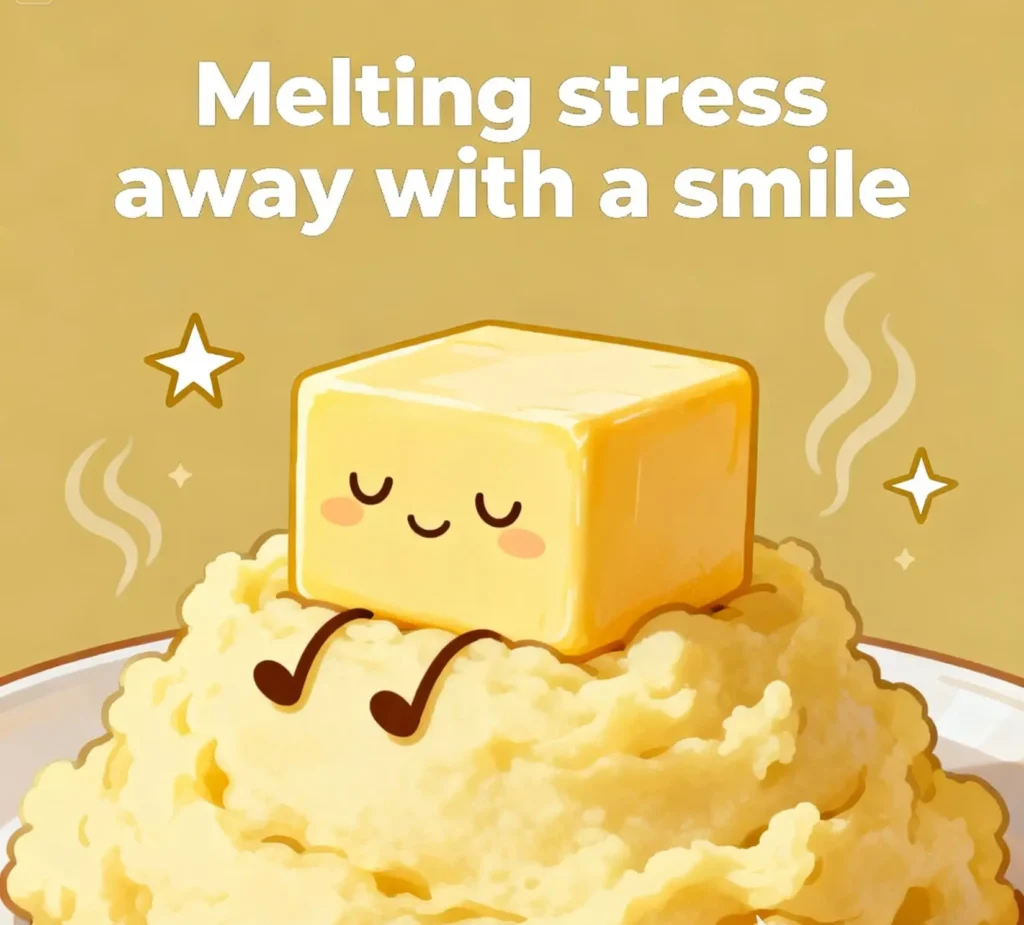 Smiling butter pat on mashed potatoes, ready to spread joy and flavor.