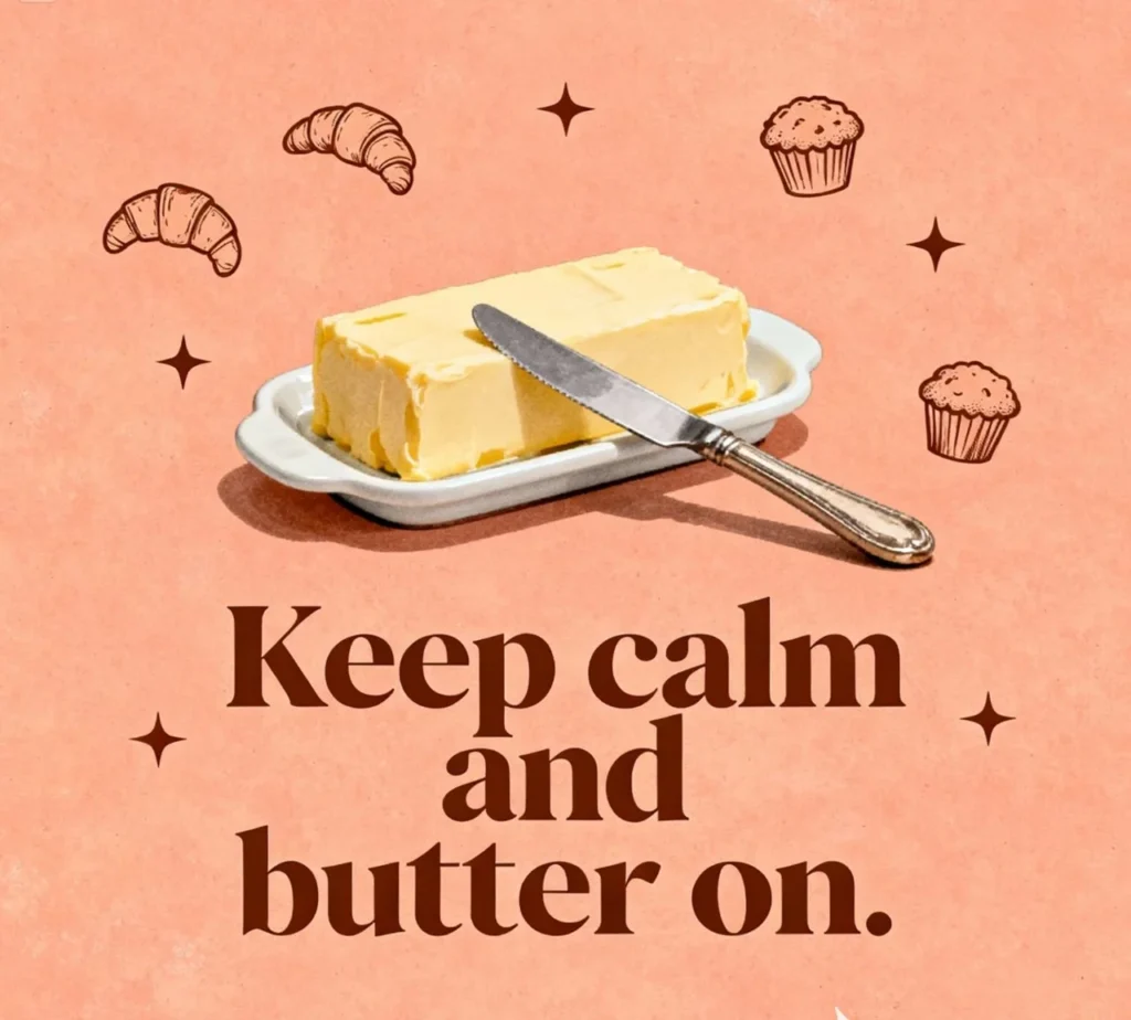 Fun design with “Keep calm and butter on,” showing butter puns and positivity.